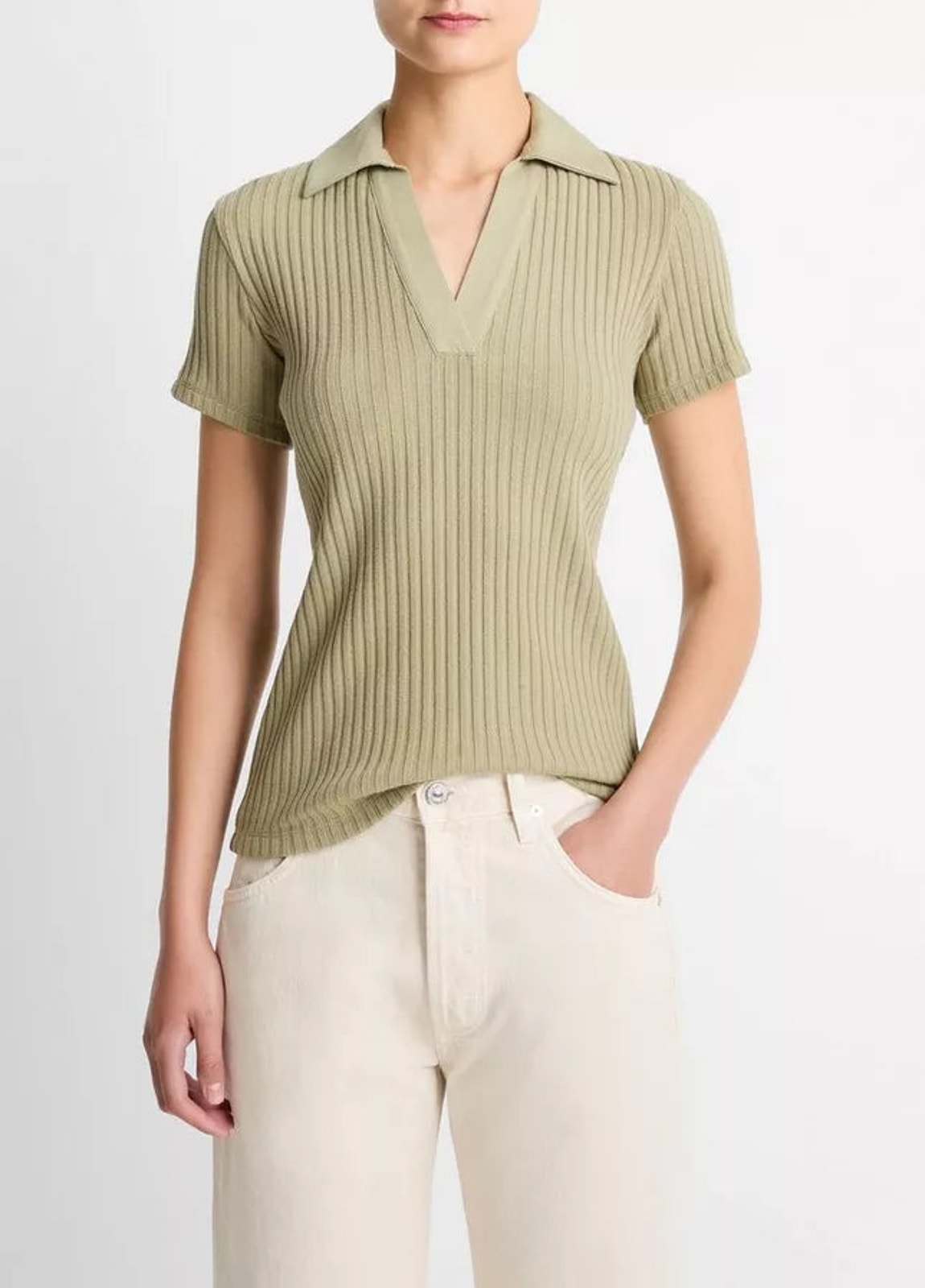 Nwt Vince. Ribbed Cotton-Blend Short Sleeve Polo Shirt Olive Stone Women's Xxs